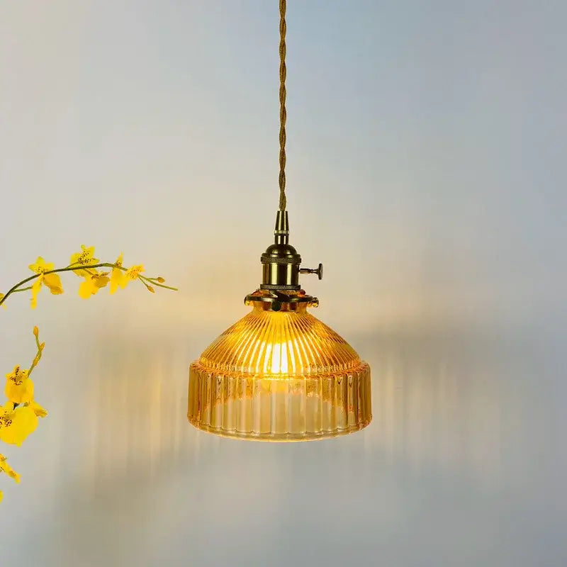 Vintage ribbed green glass hanging lamp dining room pendant light