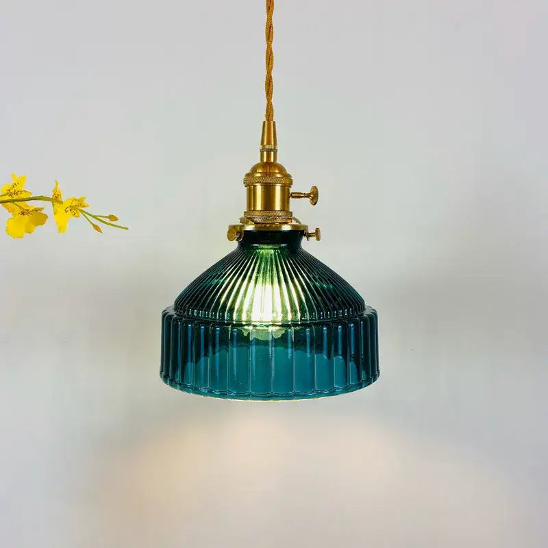 Vintage ribbed green glass hanging lamp dining room pendant light