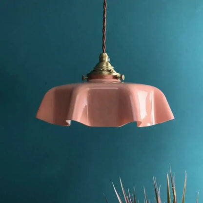 Vintage ruffled cream glass copper pendant lamp kitchen