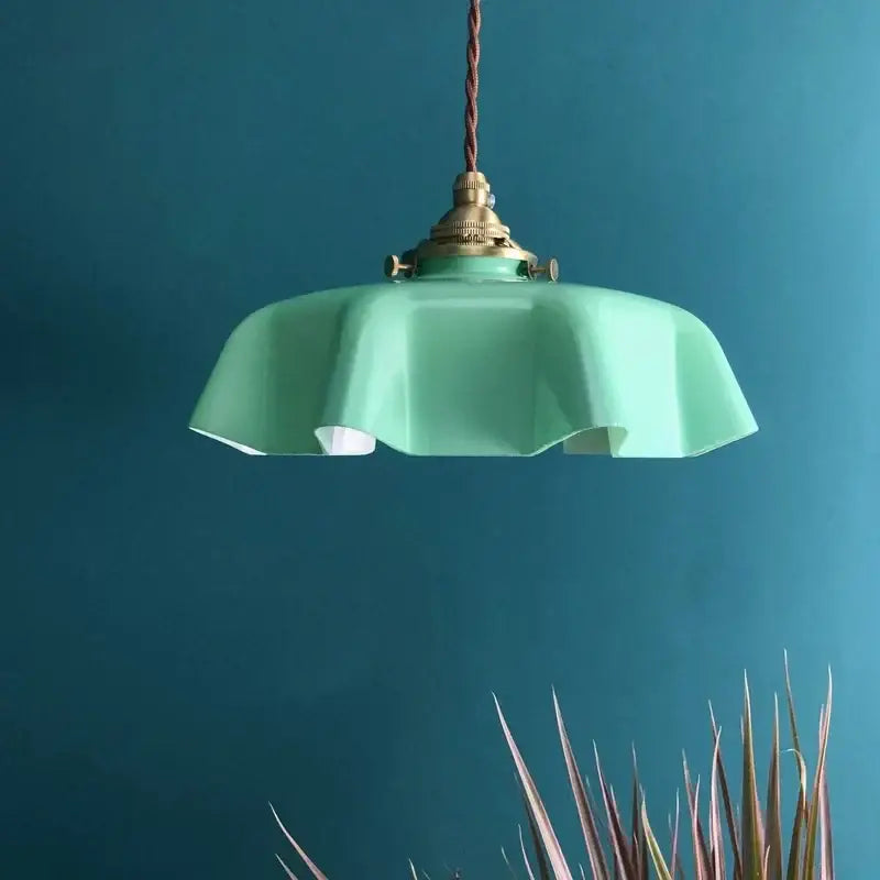 Vintage ruffled cream glass copper pendant lamp kitchen