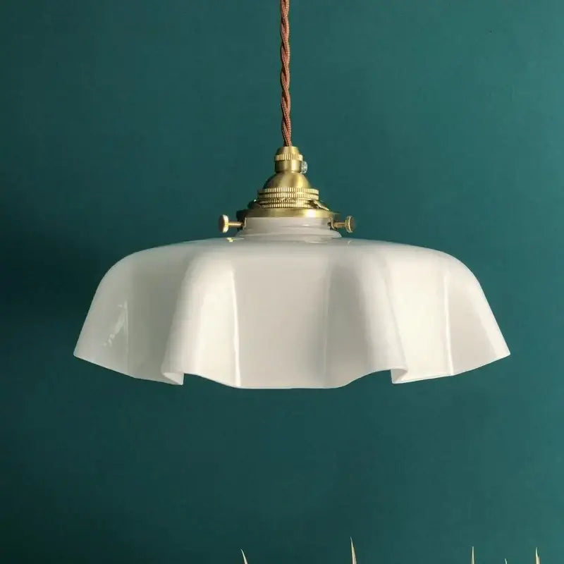 Vintage ruffled cream glass copper pendant lamp kitchen