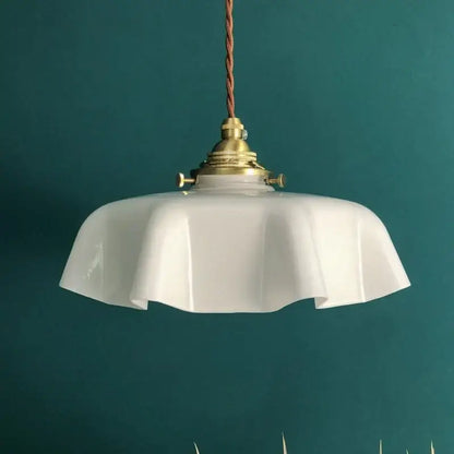 Vintage ruffled cream glass copper pendant lamp kitchen