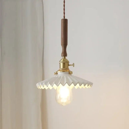 Vintage scalloped glass and walnut wood pendant light for dining room