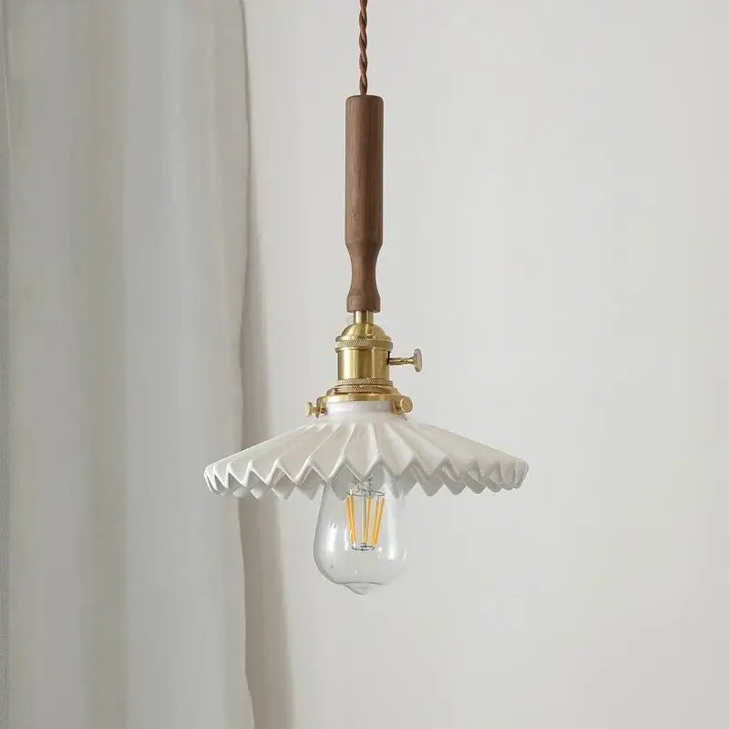 Vintage scalloped glass and walnut wood pendant light for dining room