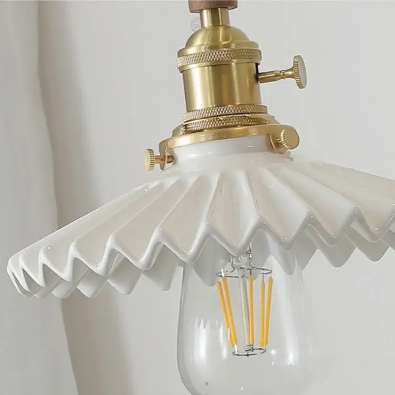 Vintage scalloped glass and walnut wood pendant light for dining room