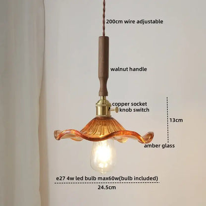 Vintage scalloped glass copper walnut led pendant lights dining room