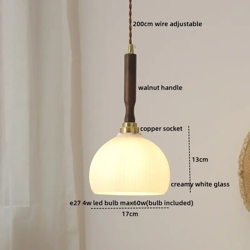 Vintage scalloped glass copper walnut led pendant lights dining room