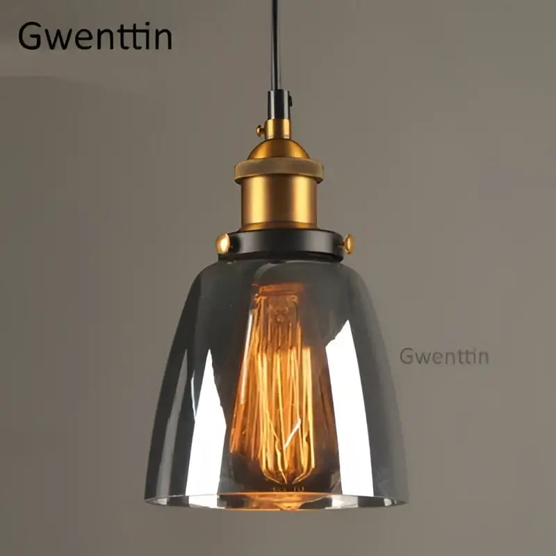 Vintage smoked glass and brass industrial pendant light set kitchen