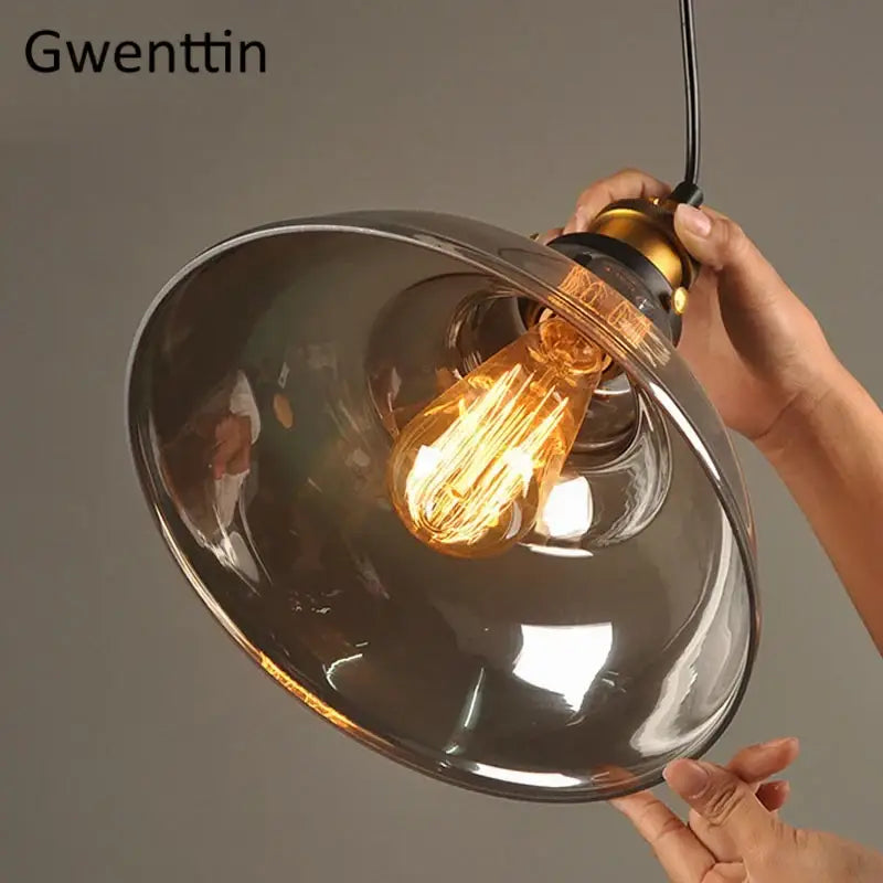 Vintage smoked glass and brass industrial pendant light set kitchen
