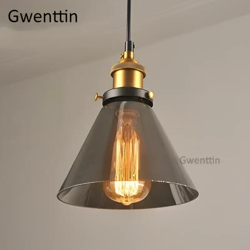 Vintage smoked glass and brass industrial pendant light set kitchen