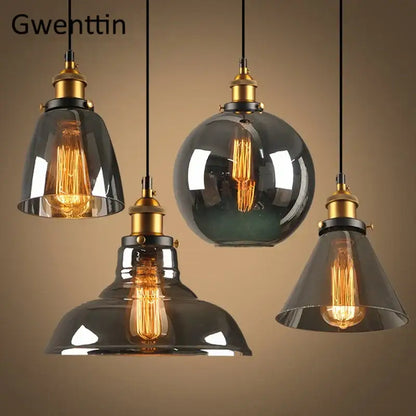 Vintage smoked glass and brass industrial pendant light set kitchen