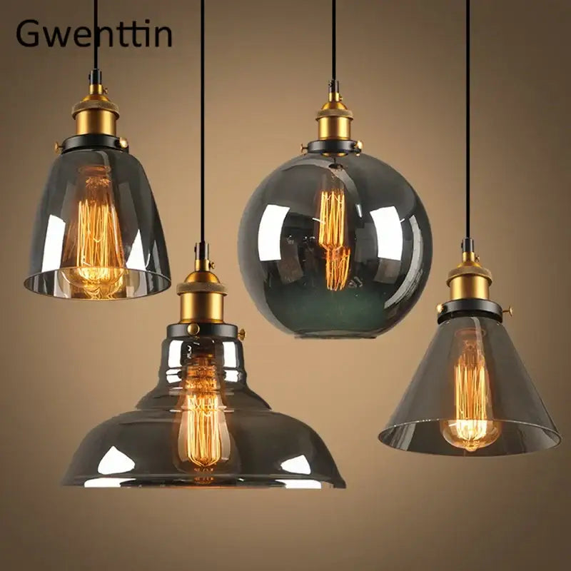 Vintage smoked glass and brass industrial pendant light set kitchen