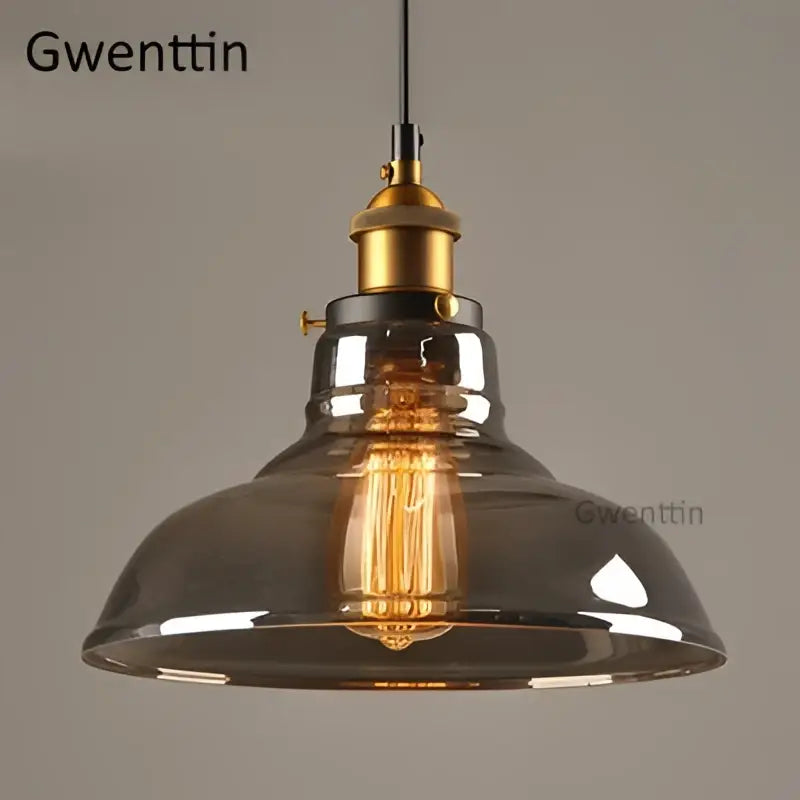 Vintage smoked glass and brass industrial pendant light set kitchen