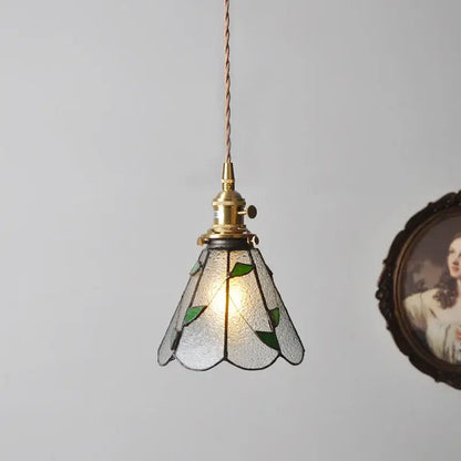 Vintage stained glass copper pendant light with wood knob switch kitchen