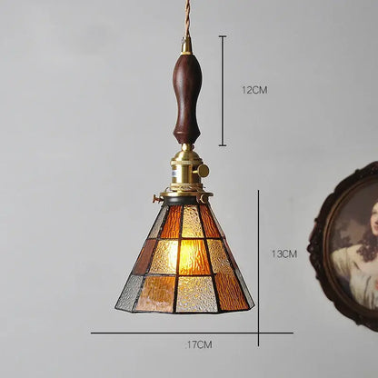 Vintage stained glass copper pendant light with wood knob switch kitchen
