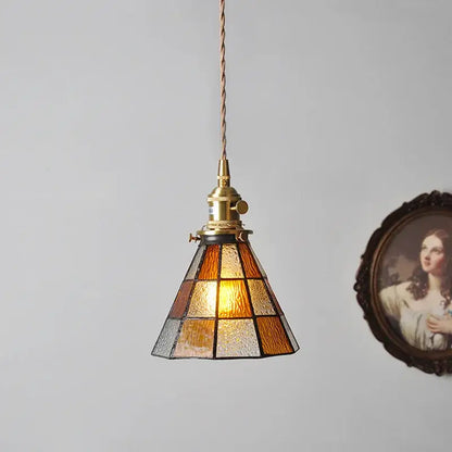 Vintage stained glass copper pendant light with wood knob switch kitchen