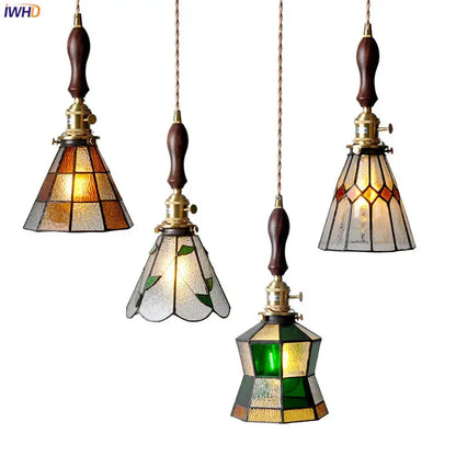 Vintage stained glass copper pendant light with wood knob switch kitchen