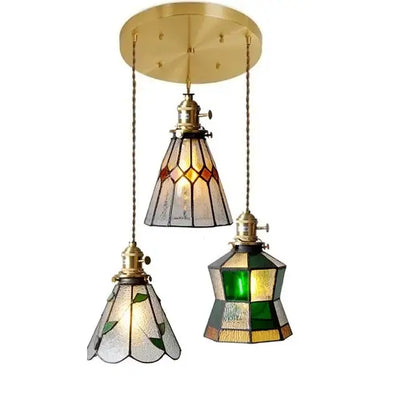Vintage stained glass copper pendant light with wood knob switch kitchen