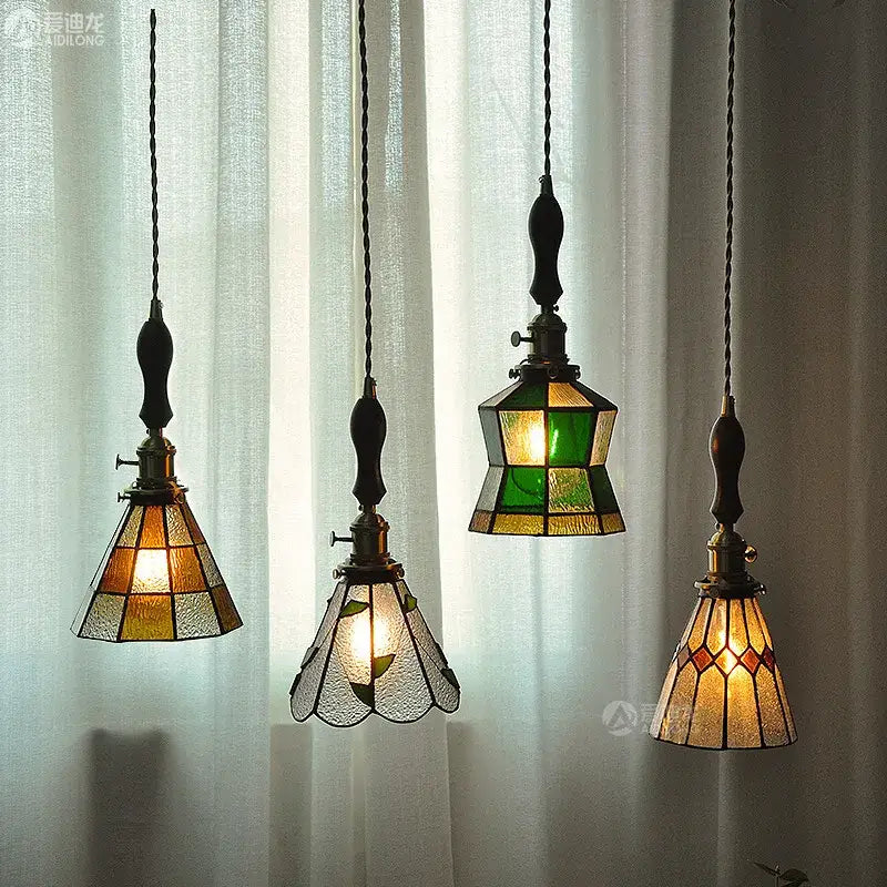 Vintage stained glass copper pendant light with wood knob switch kitchen