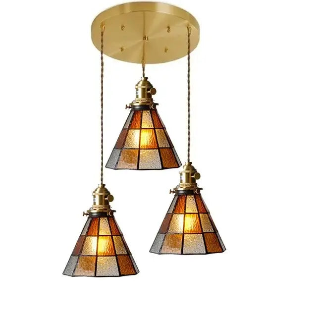 Vintage stained glass copper pendant light with wood knob switch kitchen