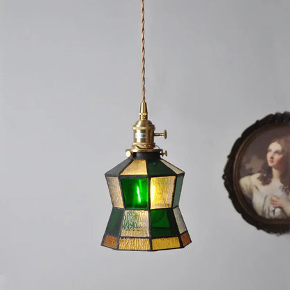 Vintage stained glass copper pendant light with wood knob switch kitchen