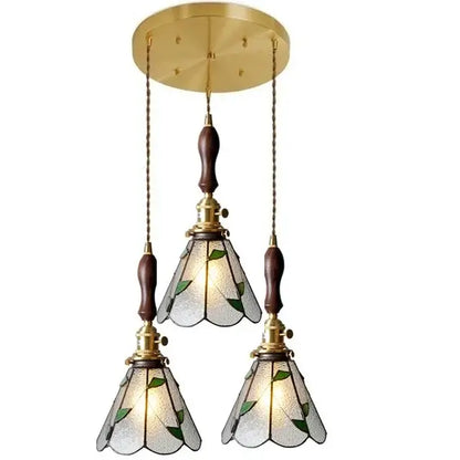 Vintage stained glass copper pendant light with wood knob switch kitchen