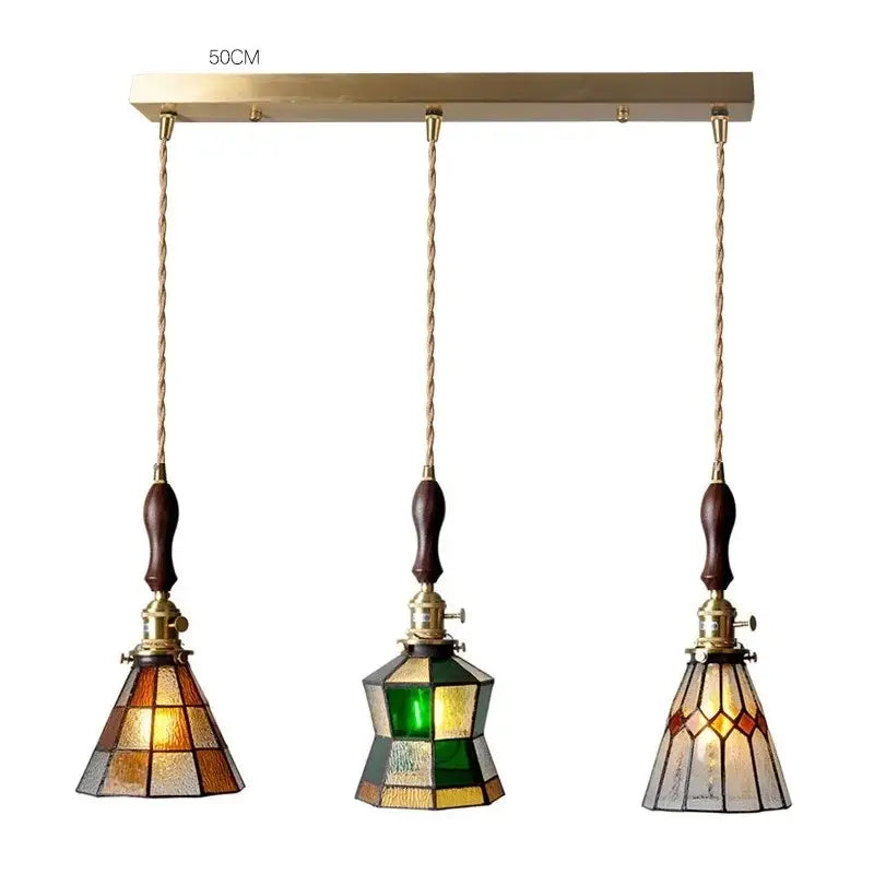Vintage stained glass copper pendant light with wood knob switch kitchen