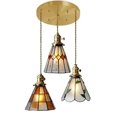 Vintage stained glass copper pendant light with wood knob switch kitchen