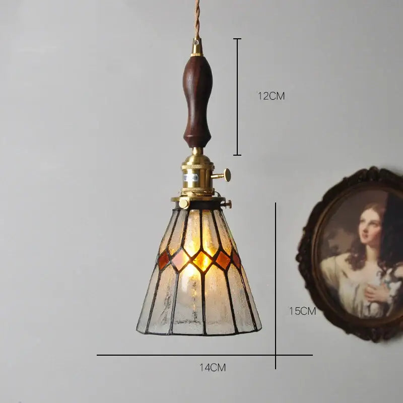 Vintage stained glass copper pendant light with wood knob switch kitchen