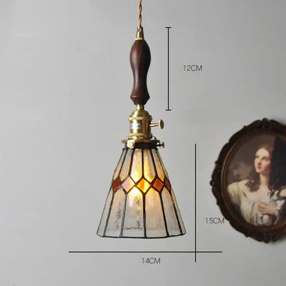 Vintage stained glass copper pendant light with wood knob switch kitchen