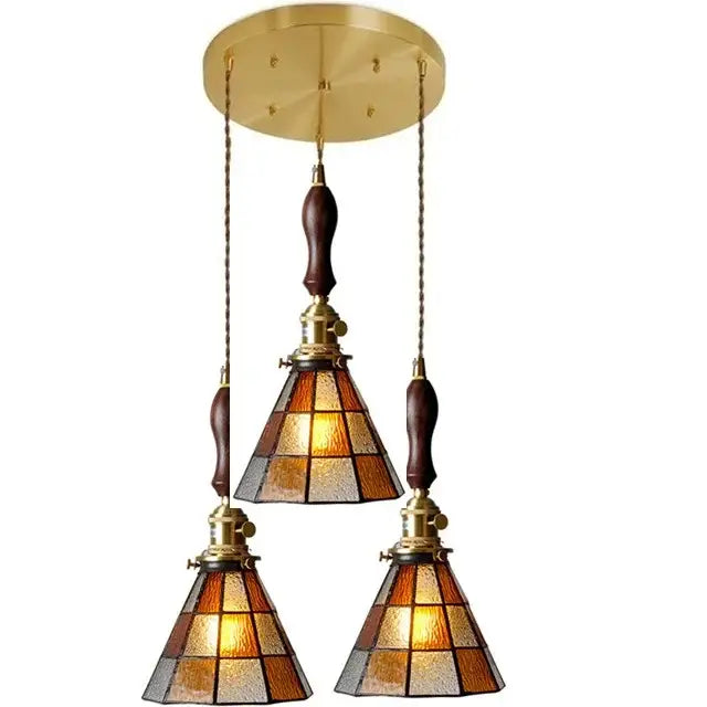 Vintage stained glass copper pendant light with wood knob switch kitchen