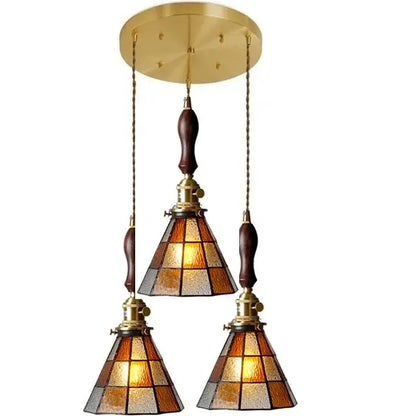 Vintage stained glass copper pendant light with wood knob switch kitchen