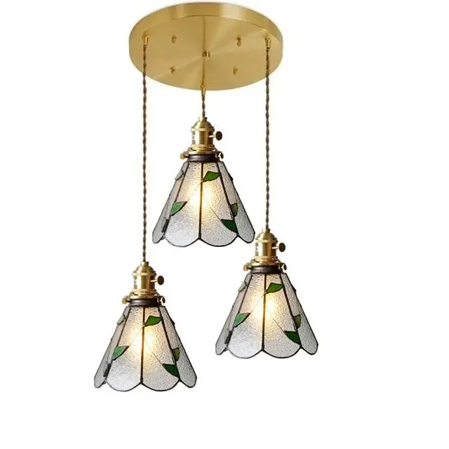 Vintage stained glass copper pendant light with wood knob switch kitchen