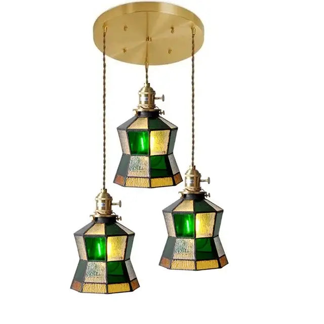 Vintage stained glass copper pendant light with wood knob switch kitchen