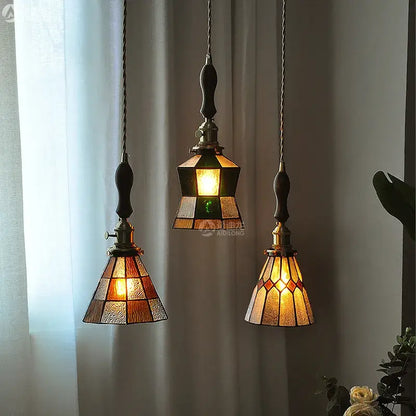 Vintage stained glass copper pendant light with wood knob switch kitchen