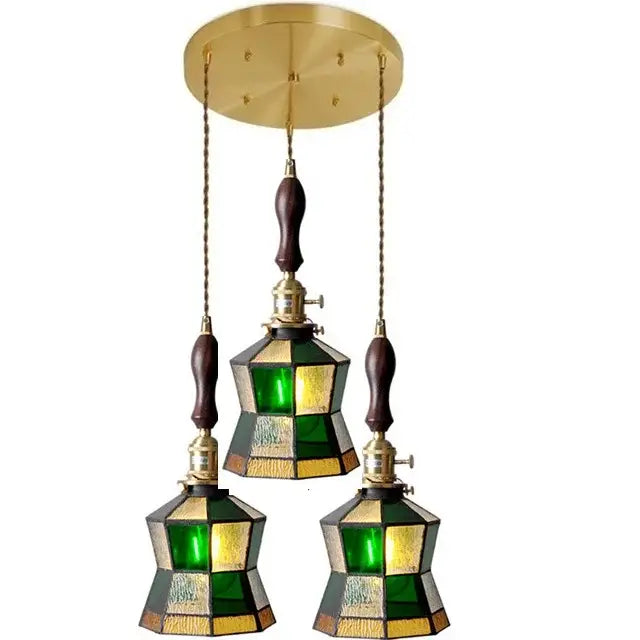 Vintage stained glass copper pendant light with wood knob switch kitchen