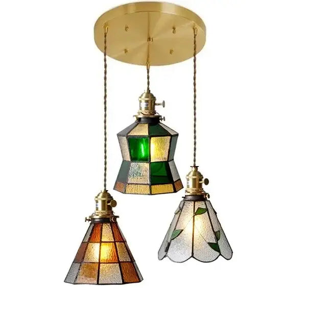 Vintage stained glass copper pendant light with wood knob switch kitchen