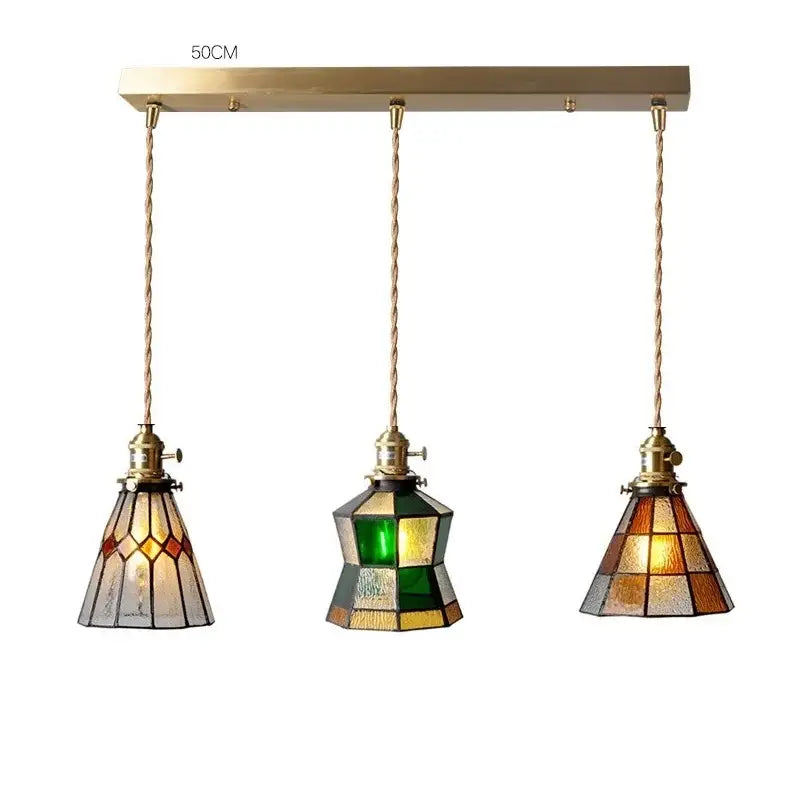 Vintage stained glass copper pendant light with wood knob switch kitchen