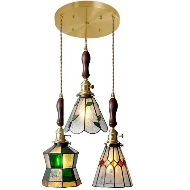 Vintage stained glass copper pendant light with wood knob switch kitchen