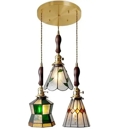 Vintage stained glass copper pendant light with wood knob switch kitchen