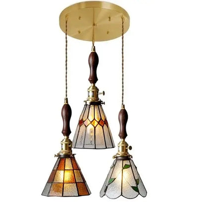 Vintage stained glass copper pendant light with wood knob switch kitchen