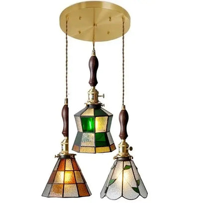 Vintage stained glass copper pendant light with wood knob switch kitchen
