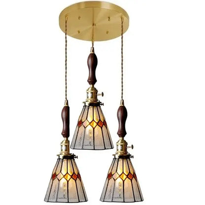 Vintage stained glass copper pendant light with wood knob switch kitchen