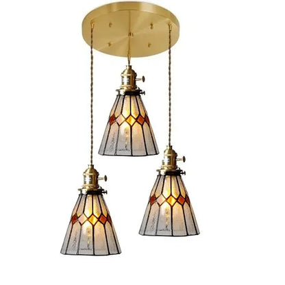 Vintage stained glass copper pendant light with wood knob switch kitchen