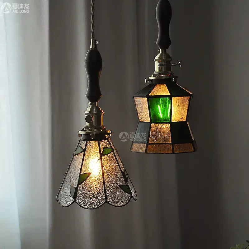 Vintage stained glass copper pendant light with wood knob switch kitchen