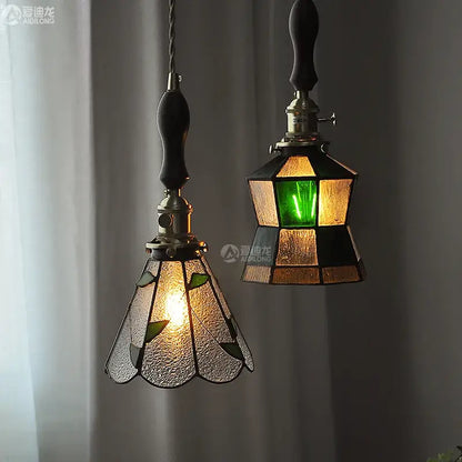 Vintage stained glass copper pendant light with wood knob switch kitchen