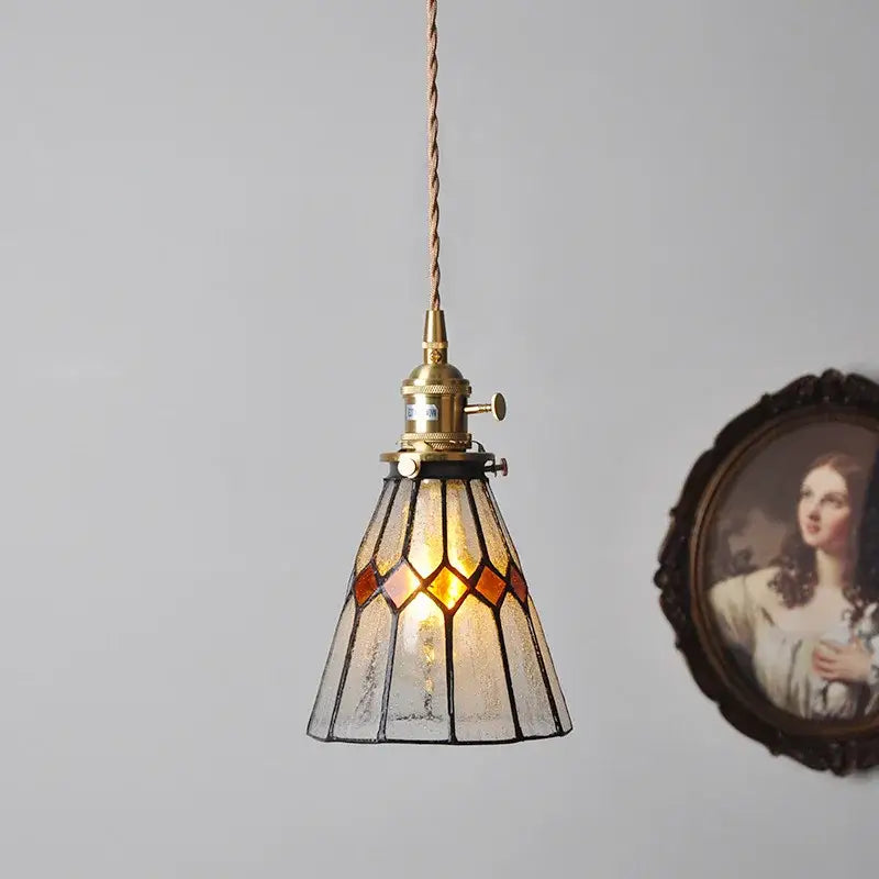Vintage stained glass copper pendant light with wood knob switch kitchen