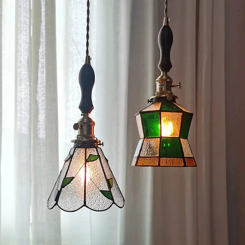 Vintage stained glass copper pendant light with wood knob switch kitchen