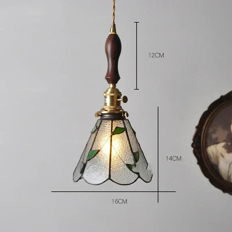Vintage stained glass copper pendant light with wood knob switch kitchen
