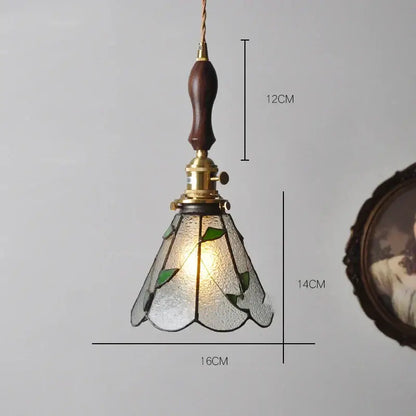 Vintage stained glass copper pendant light with wood knob switch kitchen